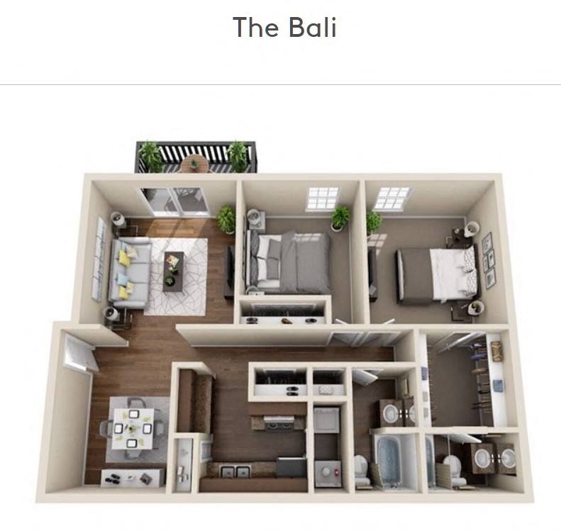 Floor plan for 2 beds, 2 baths, 984 sqft